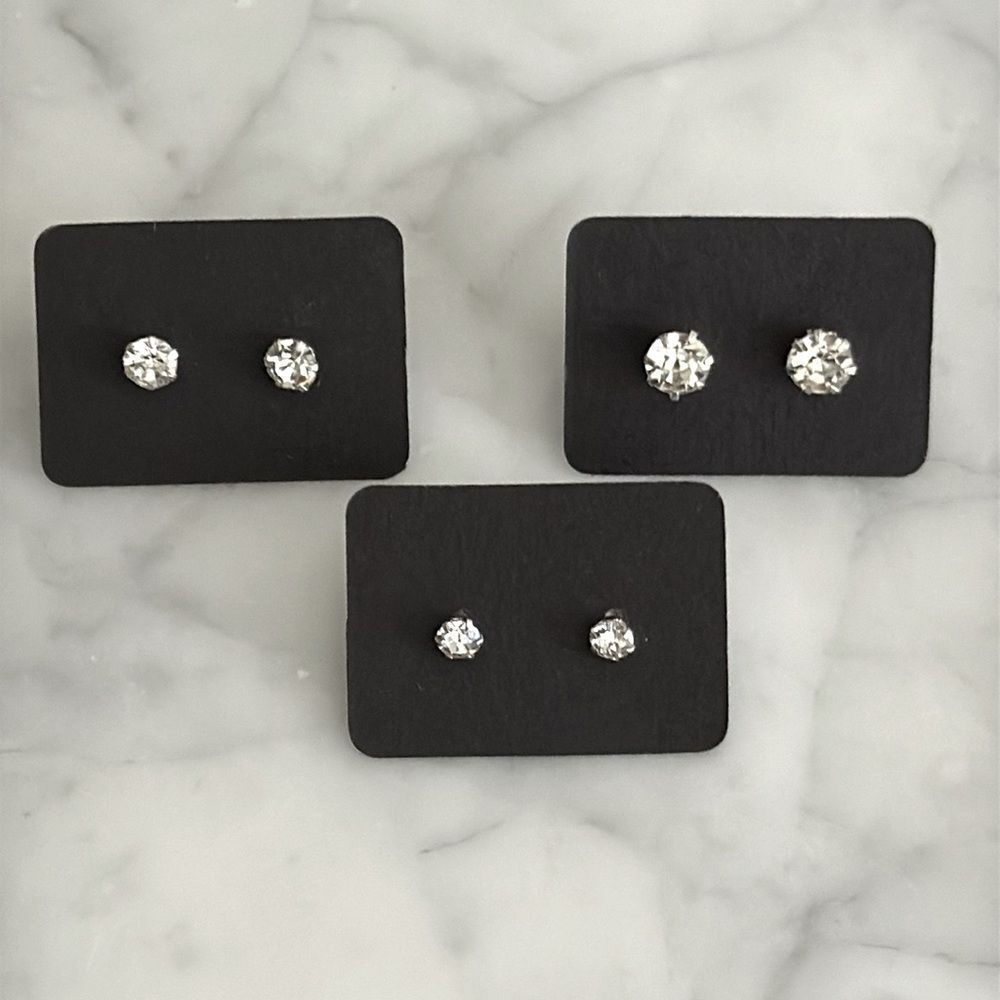 Men’s Crystal Stud Earrings, 3 Pairs in Mixed Sizes